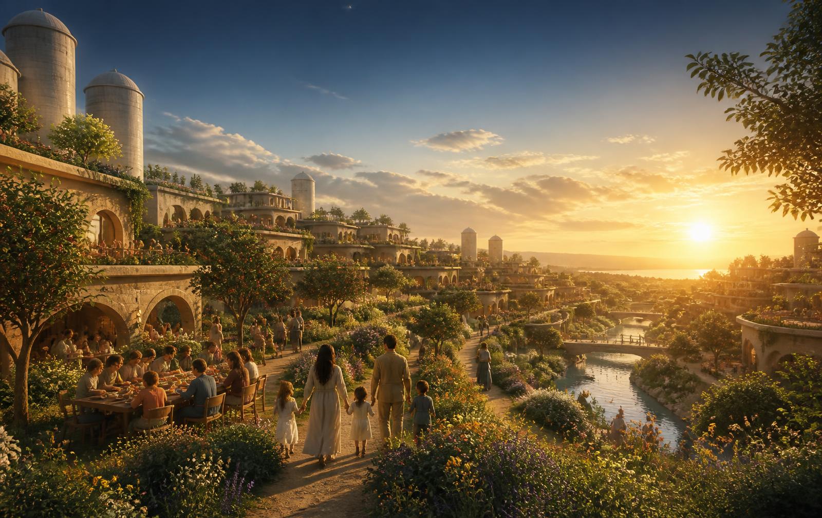 A serene future city at dawn woven with orchards, canals and communal tables of food