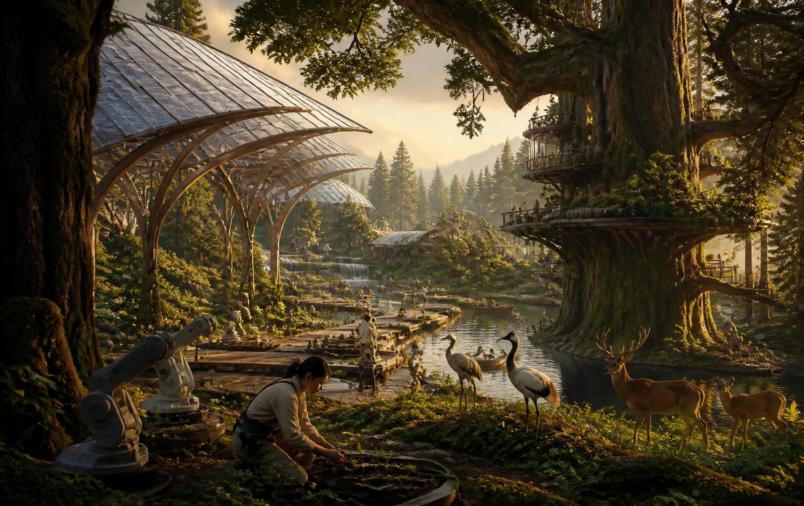 Solar canopies and gentle machines integrated into an old-growth forest and river delta with wildlife