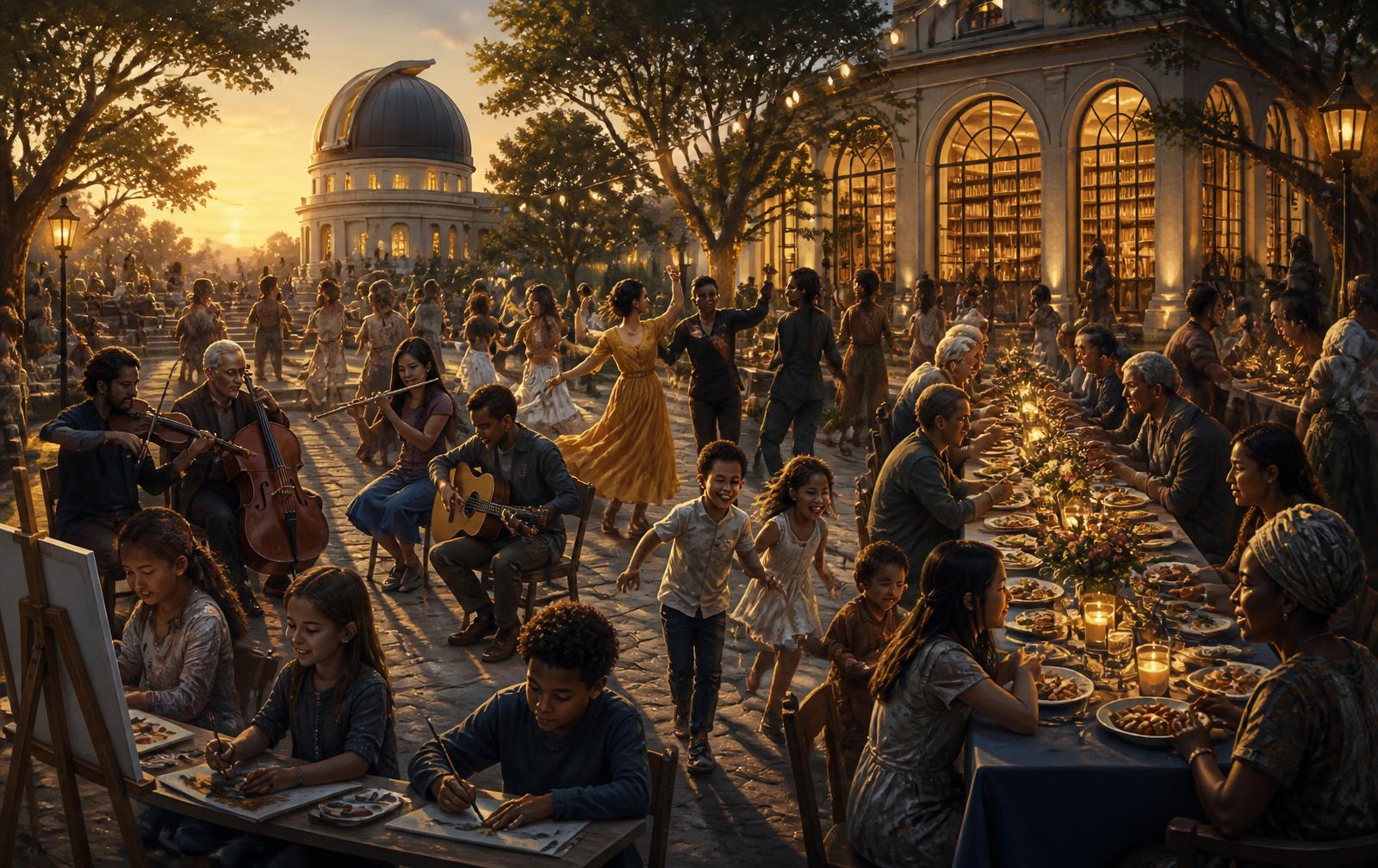 A joyful public square at golden hour with music, painting, dancing, children and a long communal feast