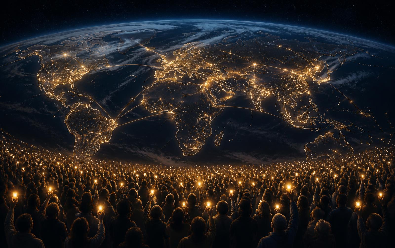 An immense crowd holding small lights that connect into a glowing network across the night side of Earth